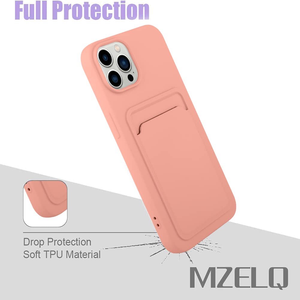 Mzelq Cell Phone Case For Iphone 14 Pro Max, Silicone Wallet Card Holder, Camera Protection, Screen Protector, Pink