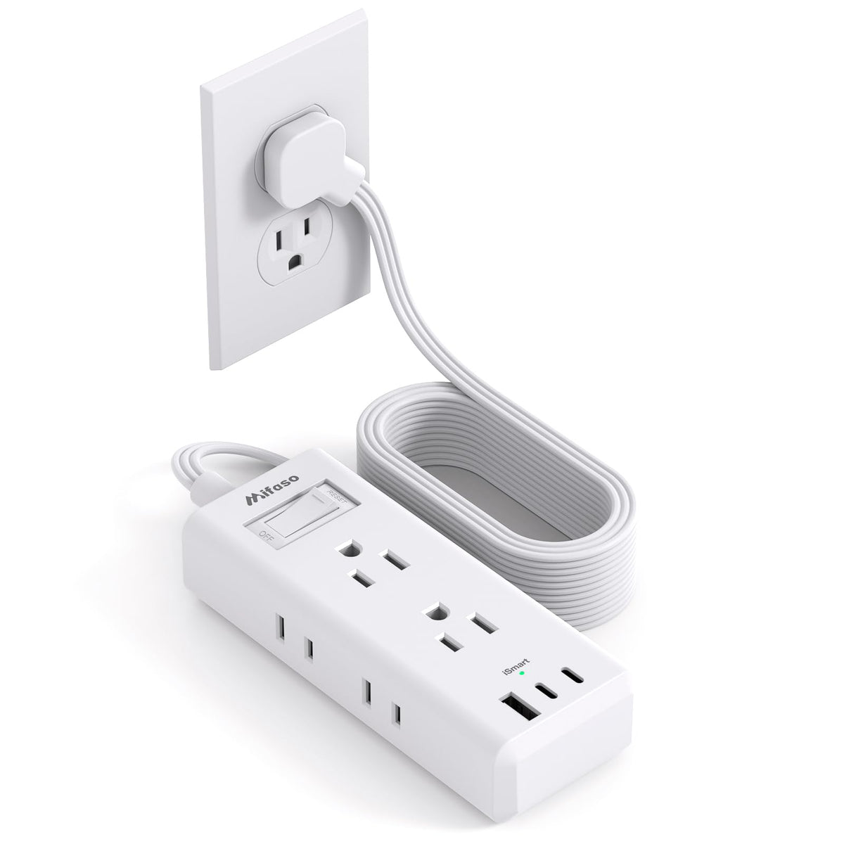 Flat Plug Extension Cord, 15Ft Ultra Thin Flat Power Strip - 6 Outlets 3 Usb Ports (2 Usb C) 3 Side Outlet Extender, Power Strip