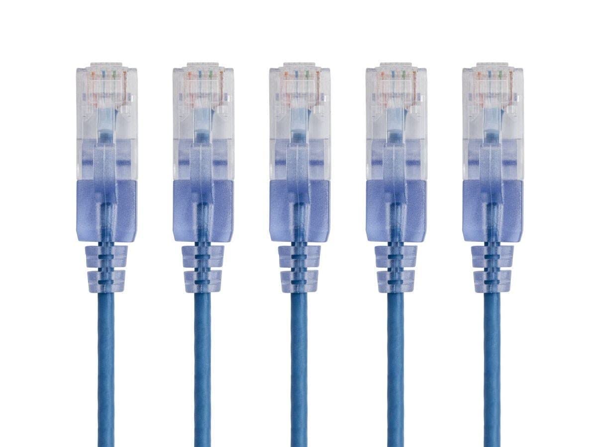 Monoprice Cat6A 50Ft Blue 5 Pk Patch Cable Utp 30Awg 10G Pure Bare Copper Snagless Rj45 Slimrun Series Ethernet Cable