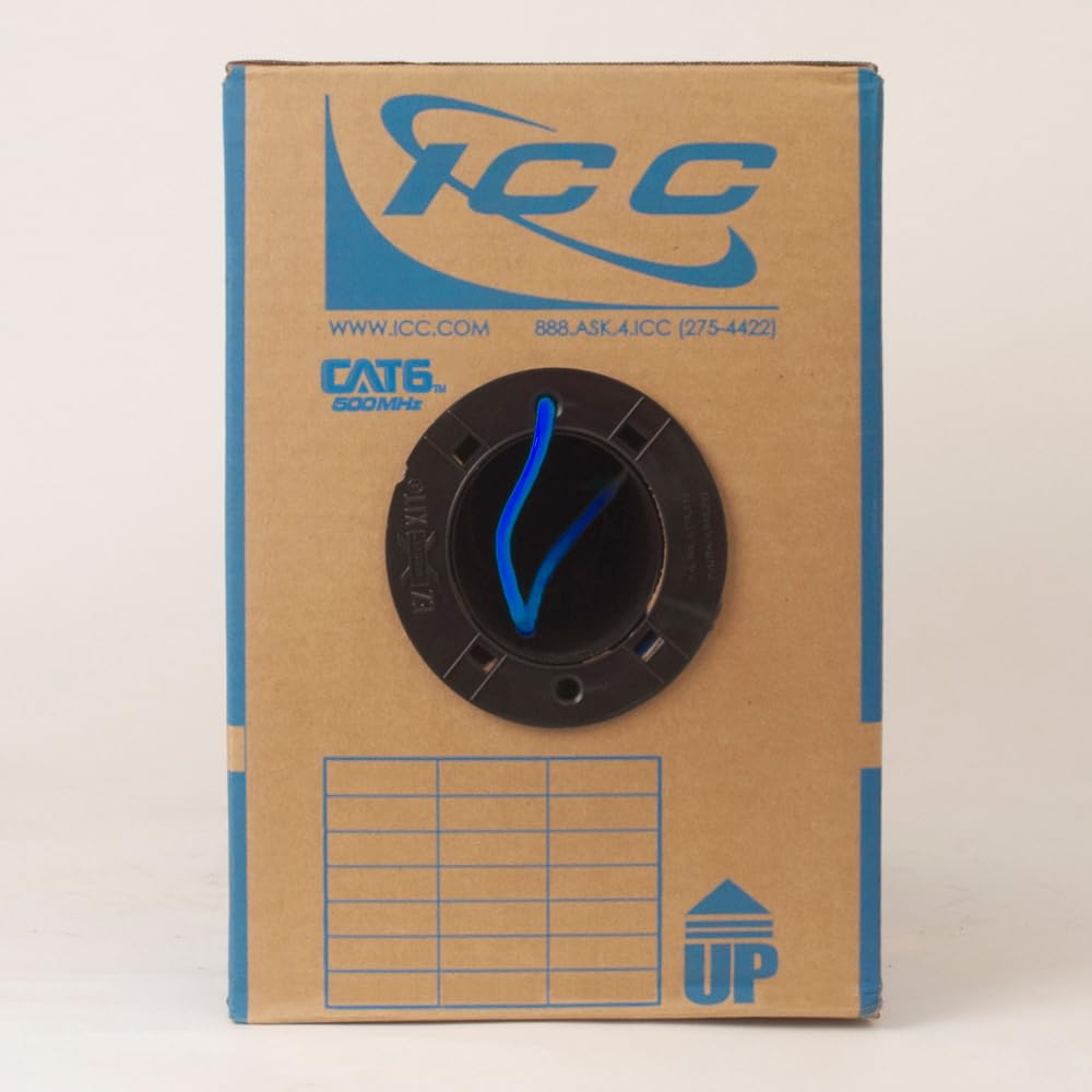 ICC Cat6 CMP Plenum 1000ft UTP 23AWG Solid Pure Copper, True Plenum Certified by UL Bulk Ethernet Cable, PoE++, 500MHz, Reelex No Tangle Pull Box, TAA, National Electrical Code Compliant, Blue