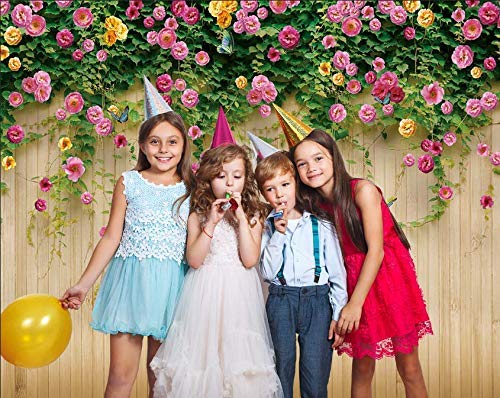 Wolada 8X8Ft Flower Wall Backdrop Spring Backdrop Spring Floral Photo Backdrop Brown Wood Plank Flower Wall Photography Backdrop Girl Birthday Party Wedding Shower Photography Background 8909