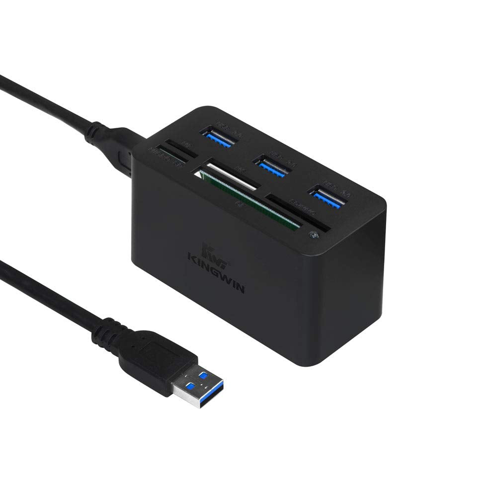 Kingwin USB HUB Adapter w/ Memory Card Reader Writer & USB 3.0 HUB Combo - Supports High Speed SD MS Micro M2 CF Card Reader For Macbook, Laptop, Desktop - Includes USB Cable 5 Gbps Speed, Black