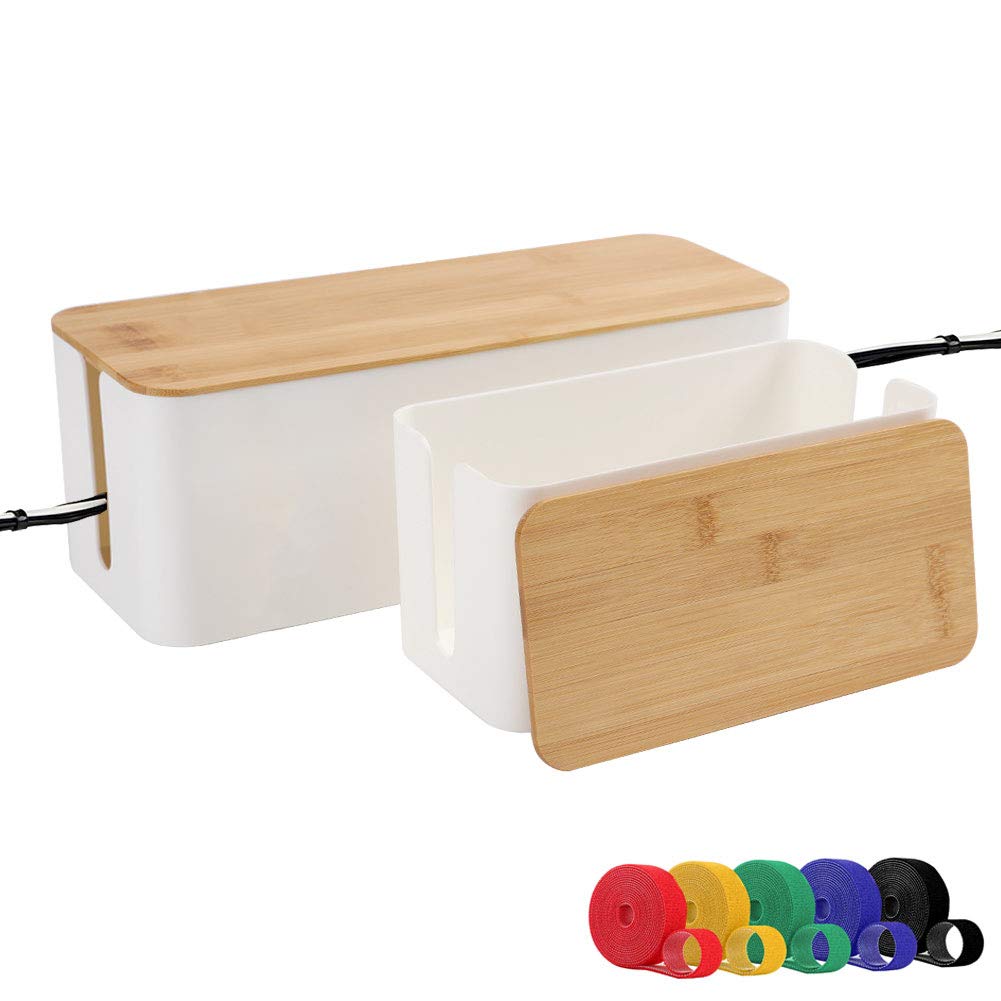 Powerking Cable Management Boxes Organizer, Bamboo Lid, Large Storage Wires Keeper Holder For Desk, Tv, Computer, Usb Hub, Syste