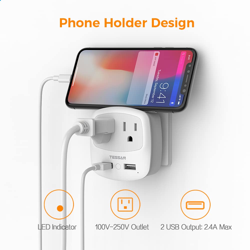 Tessan Germany France Power Adapter, Type E F Plug Adaptor With 2 Usb Ports 2 Ac Outlets, Travel Converter Us To European Europe