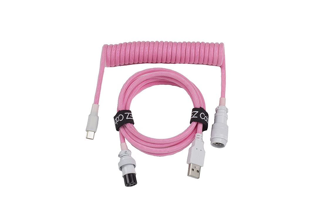Tez Cables Pink Coiled Cable Aviator For Mechanical Keyboards E Series (5 Ft, Usb C, Gx 16, Pink White)