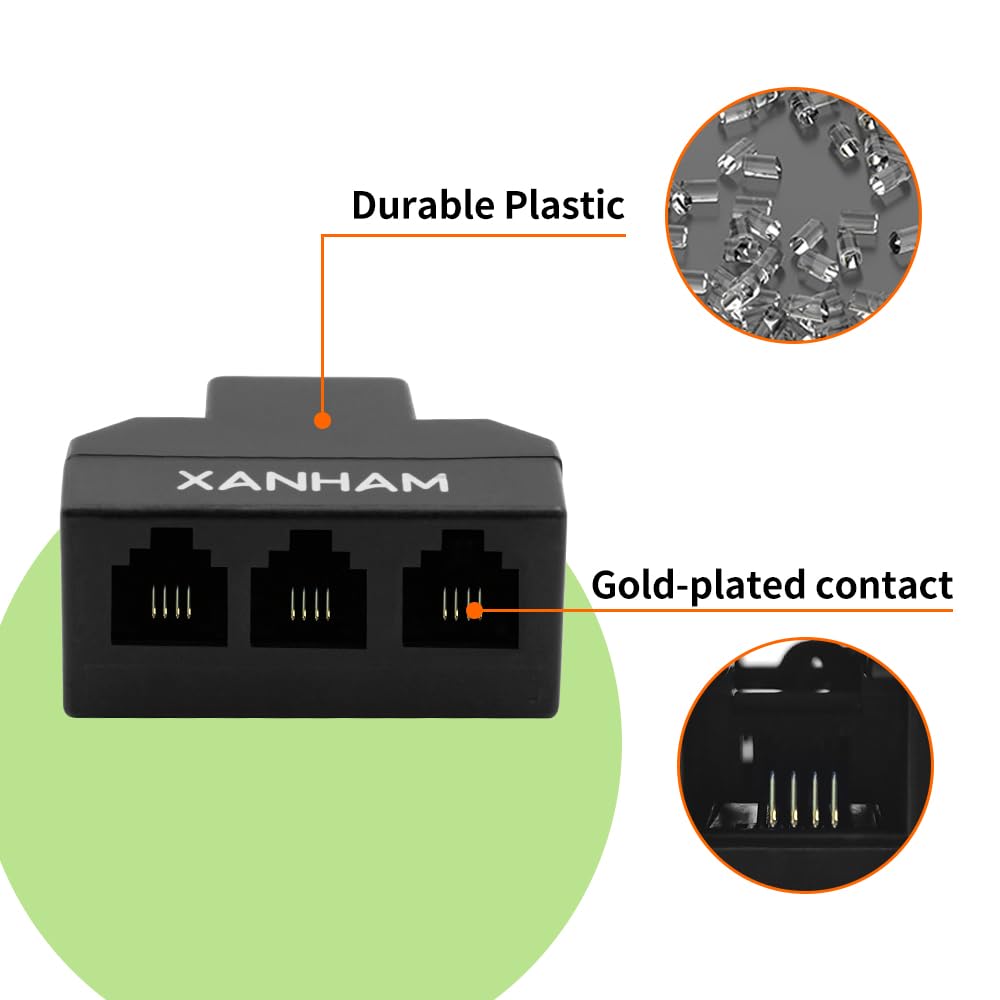 Xanham Rj11 Cable 3 Way Splitter 6P4C Connector Phone Line Cord Adapter With 3 Inch Cable For Landline Telephone Wire, Black, Av