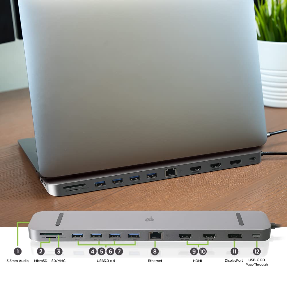 Iogear Usb-C Triple Display Dock Station - 4K 60Hz - 2 Hdmi - 1 Displayport - 4 Usb 3.0 - Ethernet - 3.5Mm Audio - Usb-C 100W Pd