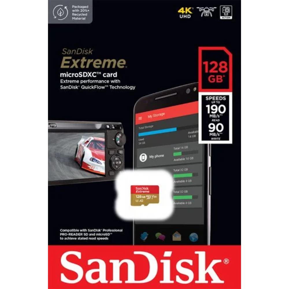 Sandisk 128Gb Extreme Microsd Uhs I Card For 4K Video On Smartphones, Action Cams & Drones 190Mb/S Read, 90Mb/S Write Sdsqxaa 12