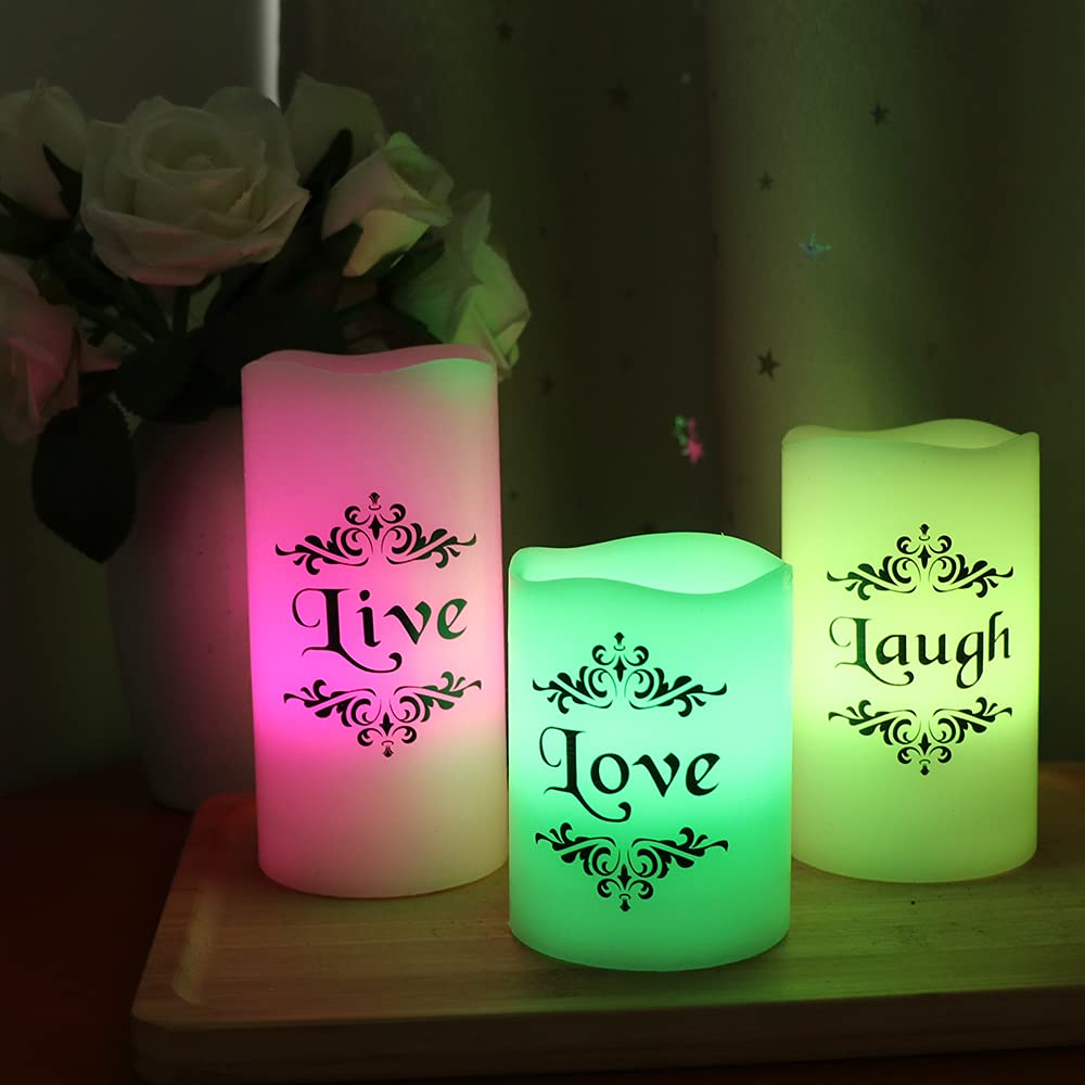 Dromance Color Changing Led Flameless Candles With 18 Key Remote And Timer, Live Love Laugh Decals Battery Operated Led Flickeri