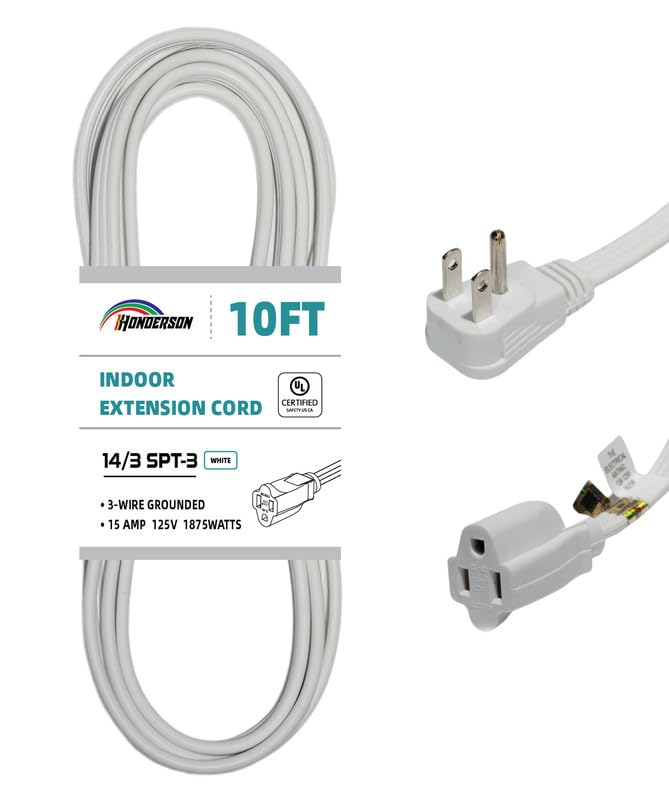 Honderson Flat Plug Extension Cord, Ul Listed, Indoor Extension Cord 14 Gauge 10Ft White, 14/3 Spt 3 15A 3 Prong Grounded Power