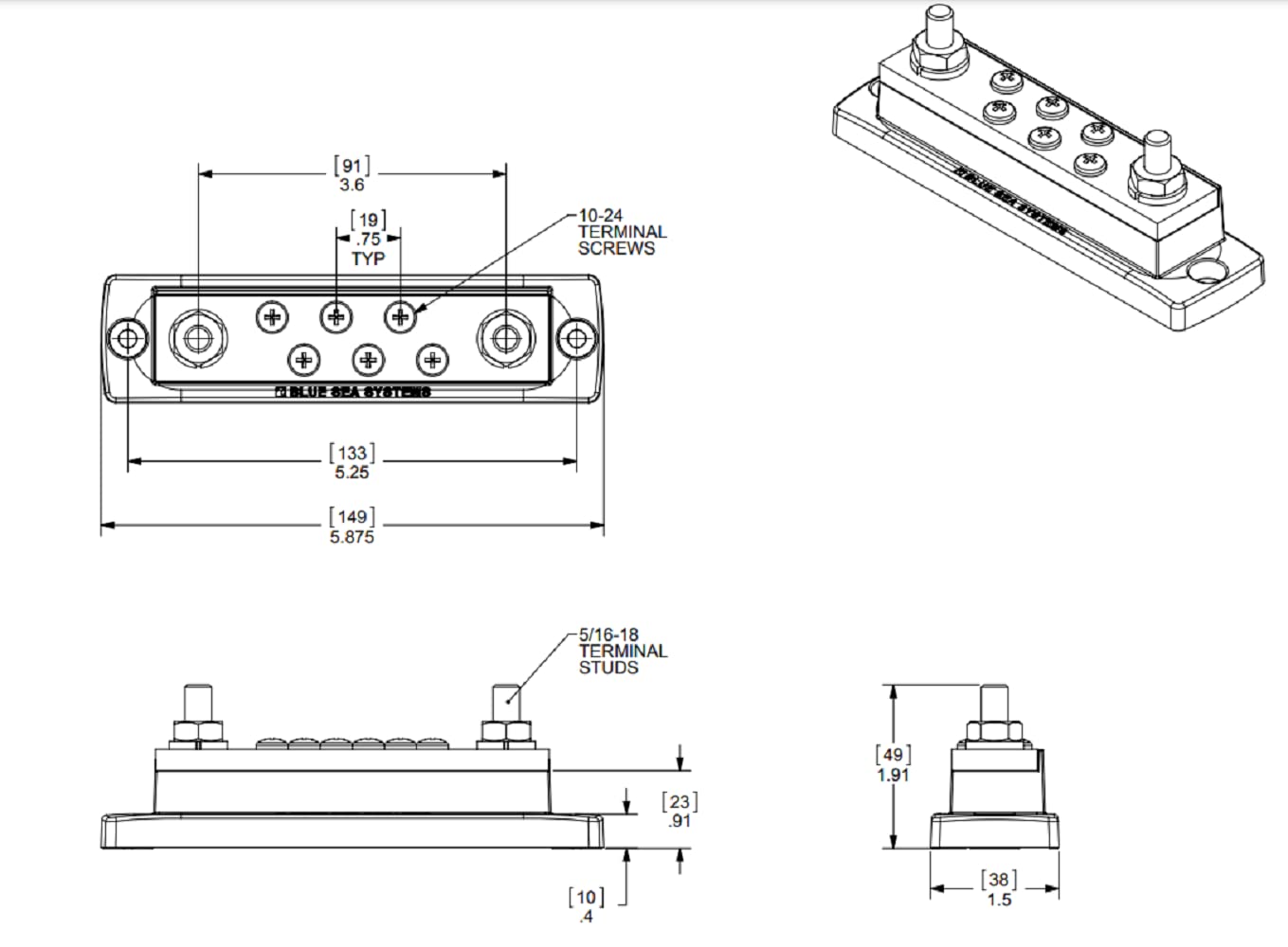 Blue Sea 2128 Maxibus Busbar With 6 X #10 24 Screws And 2 X 5/16'' Studs