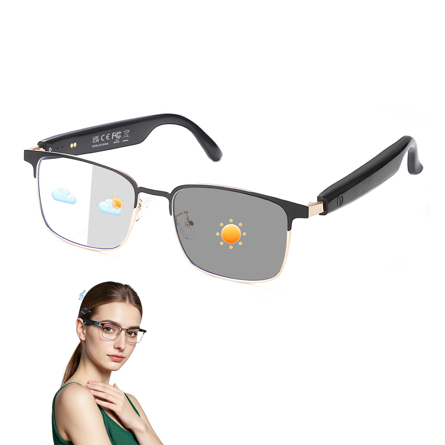 Smart Glasses for Men & Women, Photochromic Lenses, Bluetooth Audio Glasses with Open-Ear Wireless Speakers, Hands-Free Music &