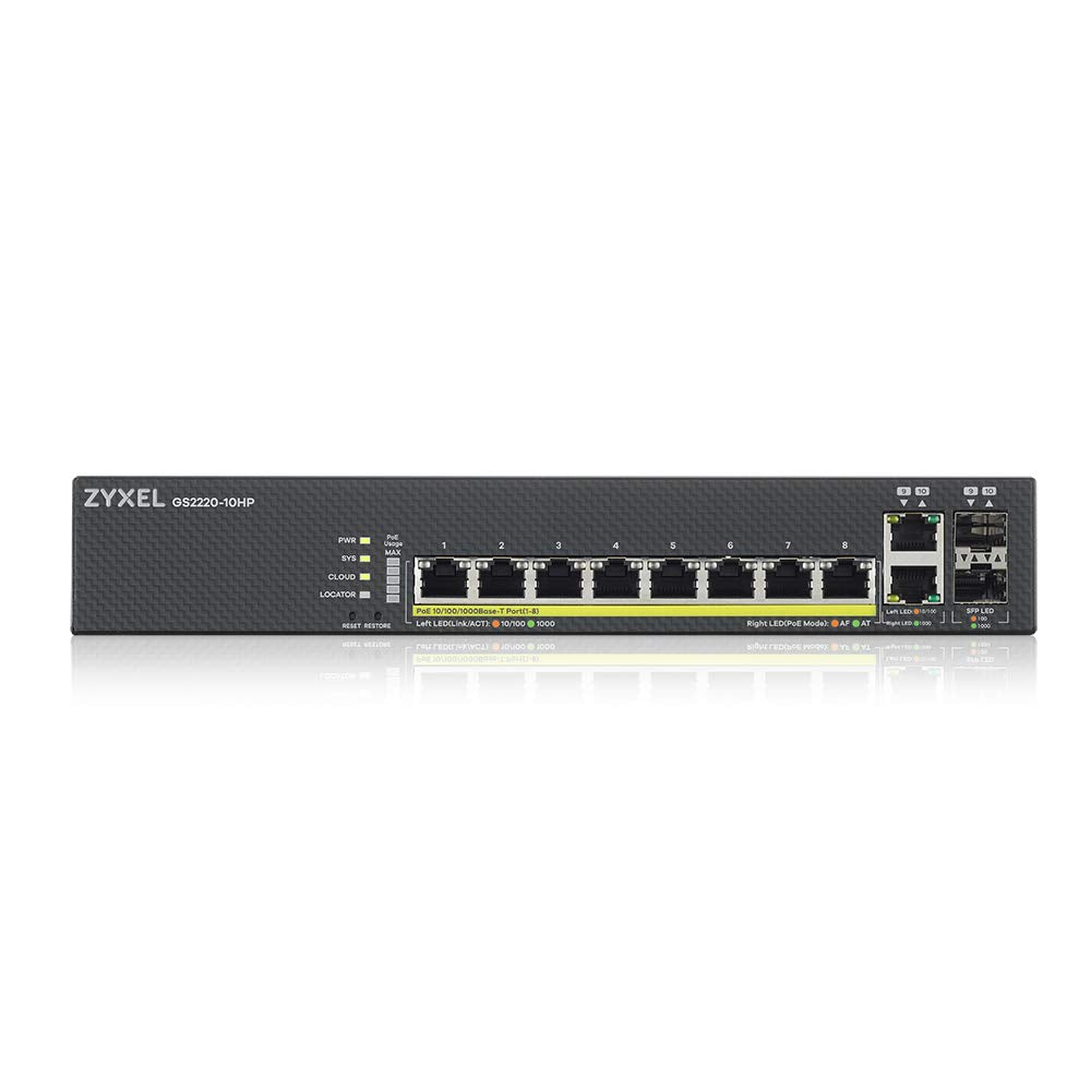 Zyxel 8 Port Gigabit Ethernet Layer 2 Managed Poe+ Switch With 180 Watt Budget And 2 Gigabit Combo Ports And Hybrid Cloud Mode G