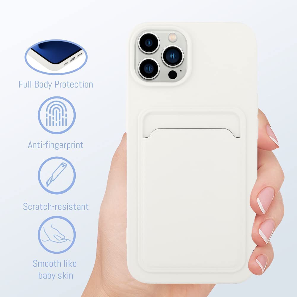 Mzelq Silicone Wallet Case For Iphone 14 Pro Max, Card Holder, Camera Protection, Screen Protector, White