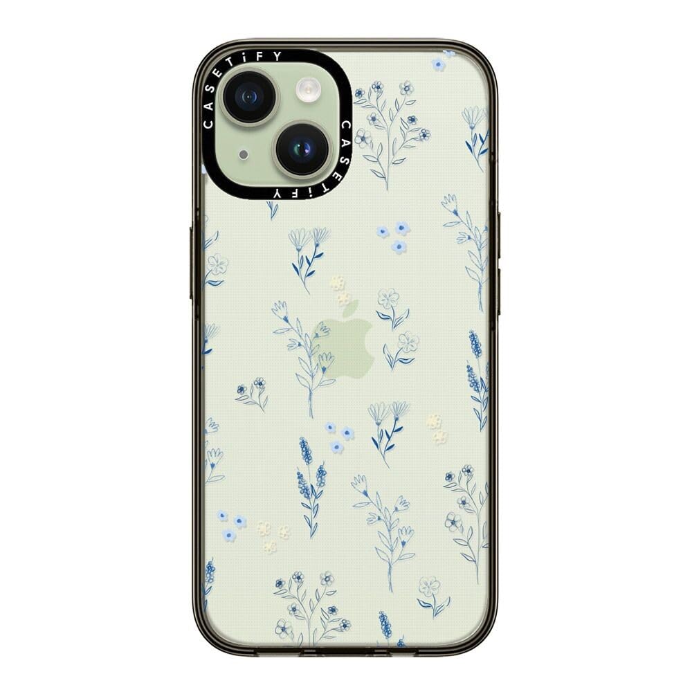 Casetify Compact Case For Iphone 15 [2X Military Grade Drop Tested / 4Ft Drop Protection]   Small Blue Flowers   Clear Black