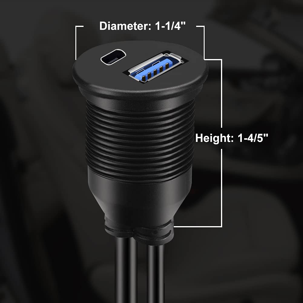 Batige Type C 3.1 And Usb 3.0 Car Mount Flush Cable Male To Female Waterproof Extension For Car Truck Boat Motorcycle Dashboard Panel   3Ft