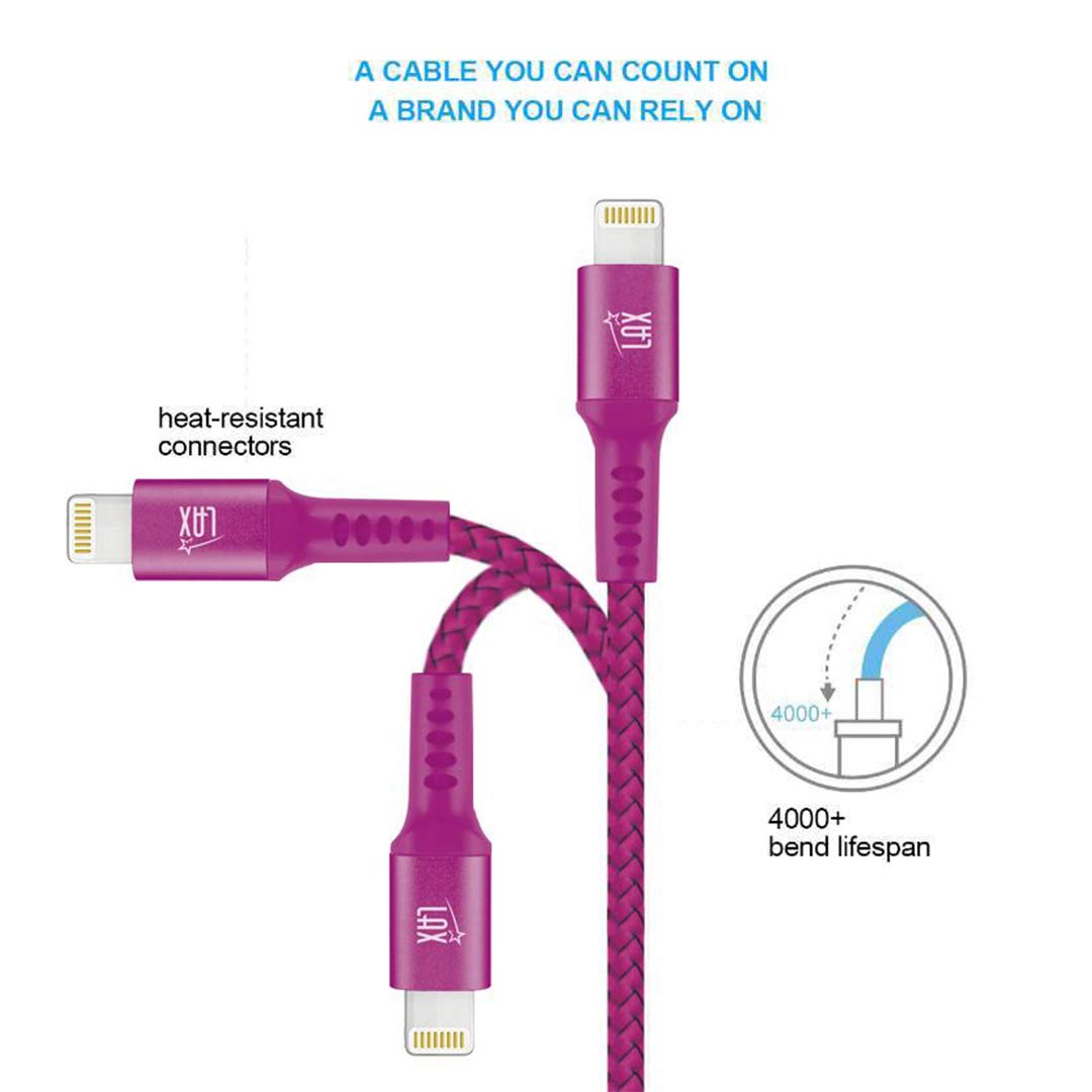 LAX Gadgets MFi Certified Fast Charging Braided Nylon iPhone Lightning Cable 4ft Magenta