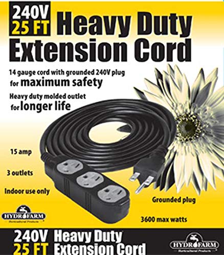 Hydrofarm Bacde24025 Extension Cord, 240V, 25', Black