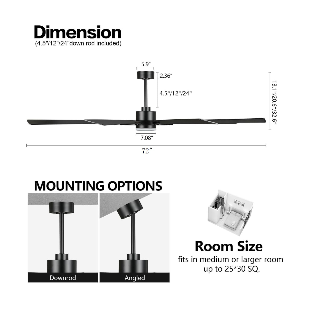 Elehinser 72'' Ceiling Fan With Lights And Remote Control, Wood 8 Blades 6 Speed Noiseless Reversible Dc Motor, 3 Downrods, Mode