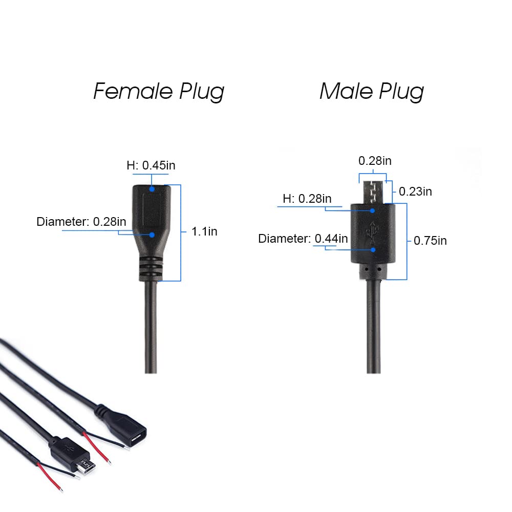Ksopuert 4 Pcs 1Ft Black Micro Usb 2 Wire Pigtail Cable, 2.1A 5V, 28Awg, 2 Cores, Power Pigtail Repair, 2 Male & 2 Female Plugs