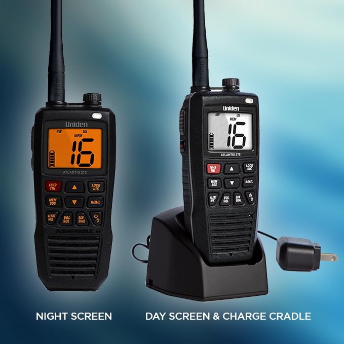 Uniden Atlantis 275 Handheld Two Way Vhf Marine Radio, Floating Ipx8 Submersible Waterproof, Large Dual Color Screen, 6 Watt, Al
