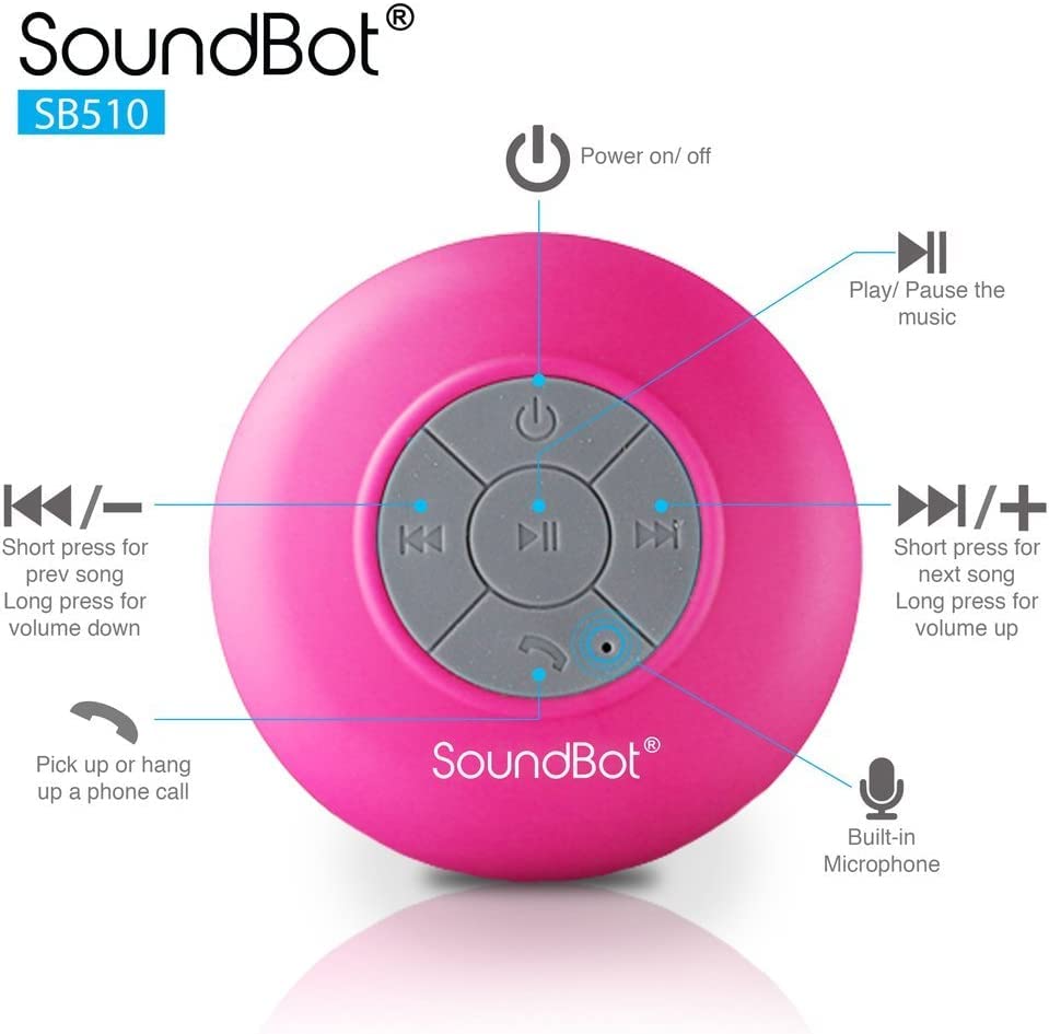 Soundbot Sb510 Hd Water Resistant Bluetooth Shower Speaker, Handsfree Portable Speakerphone With Built In Mic, 6Hrs Of Playtime,