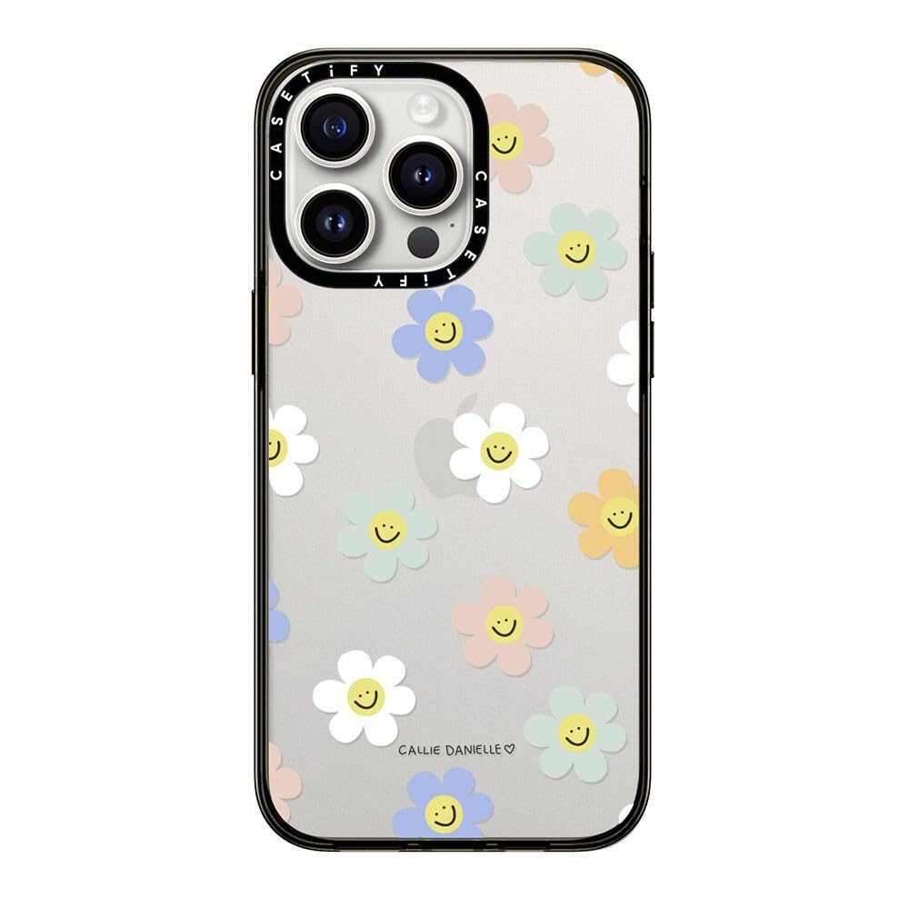 Casetify Compact Case For Iphone 15 Pro Max [2X Military Grade Drop Tested / 4Ft Drop Protection]   Happy Daisies   Clear Black