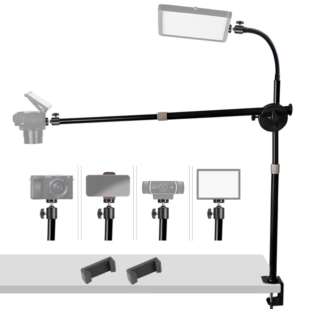 Etubby Camera Desk Mount Table Stand with Overhead Rotatable Extension Arm, Gooseneck Arm, C Clamp, 1/4 Ballhead, Phone Holder 