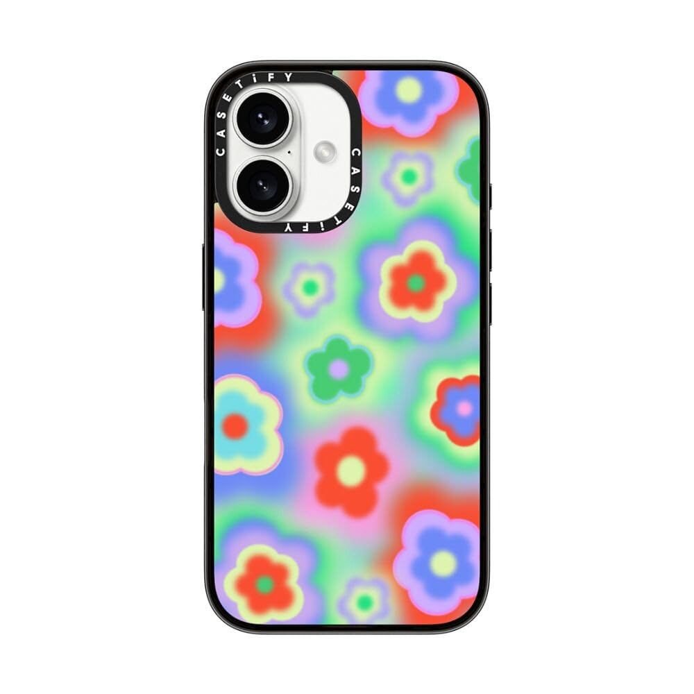 Casetify Compact Case For Iphone 16 [Lightweight / 4 Ft. 2X Military Grade Drop Protection/Slim]   Acid Flowers   Clear Black