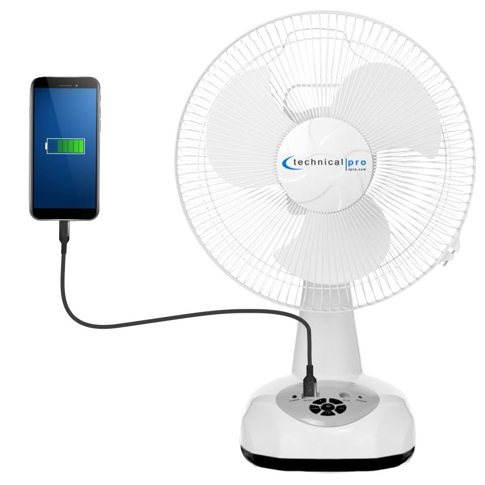 Technical Pro 12 Rechargeable Oscillating Tabletop Fan with LED Night Light & Powerbank - Portable Battery Operated Cooling Fan