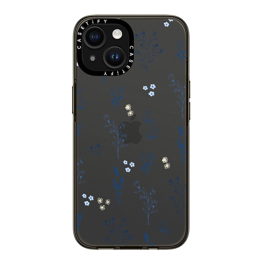 Casetify Compact Case For Iphone 15 [2X Military Grade Drop Tested / 4Ft Drop Protection]   Small Blue Flowers   Clear Black