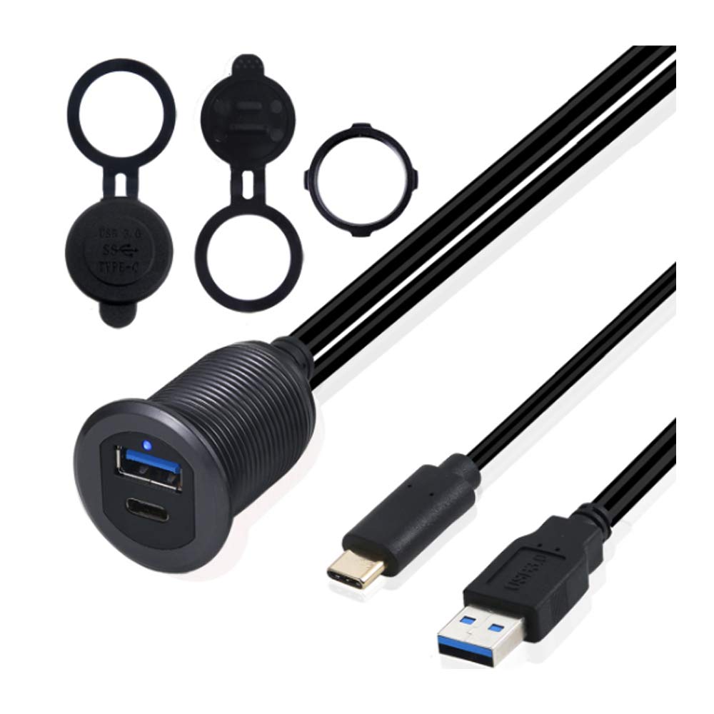 Kework Metal Shell Usb 3.0 Port & Usb Type C Port Mount With Light, 3.3Ft Usb 3.0 & Usb 3.1 Male To Female Flush Panel Dashboard Mount Extension Cable For Car Truck Boat Motorcycle (Gray & 3.3Ft)