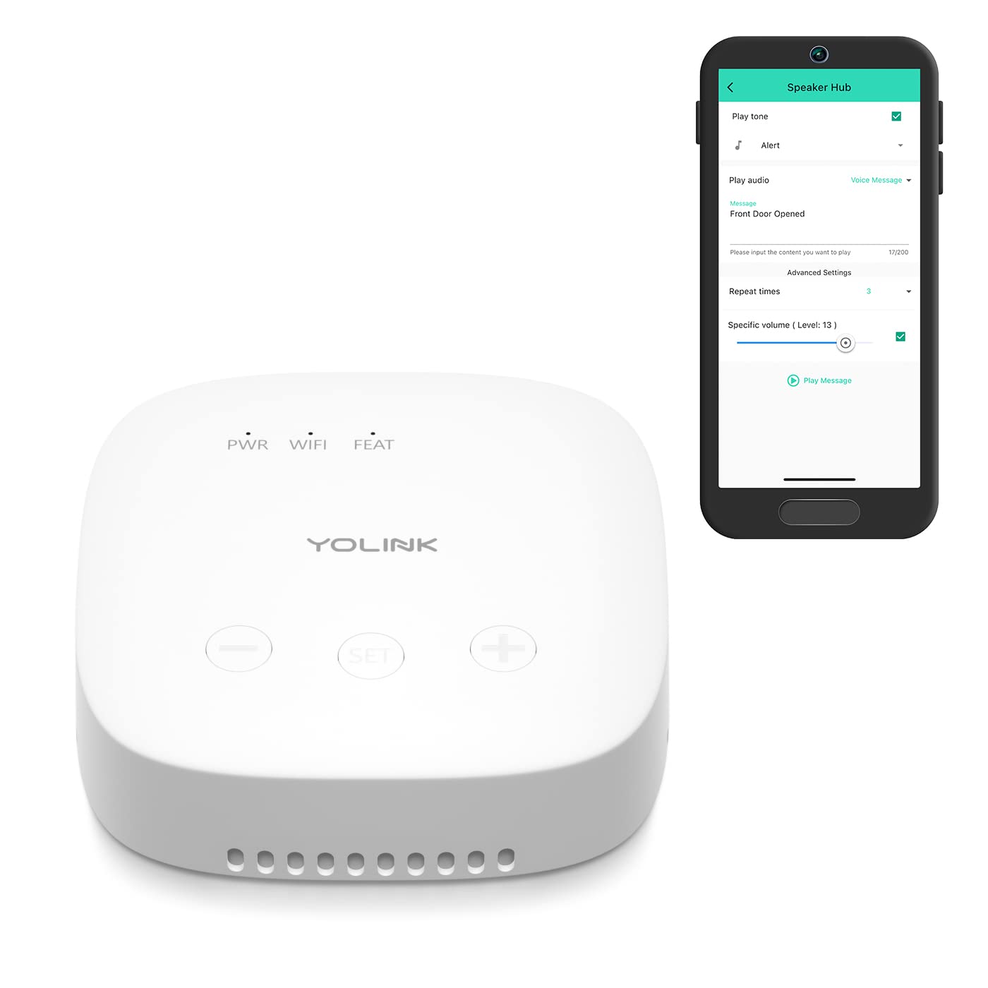 Yolink Speakerhub   Smart Home Speaker Hub, Plays Tones/Alarms And Your Text To Speech Custom Messages, Voice Announcements, Audio Voice Alert, Spoken Alerts, Lora Powered � Mile Range, Wifi Required