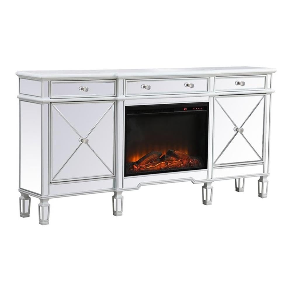 Elegant Decor Contempo 72 Mirrored Credenza with Wood Fireplace in White