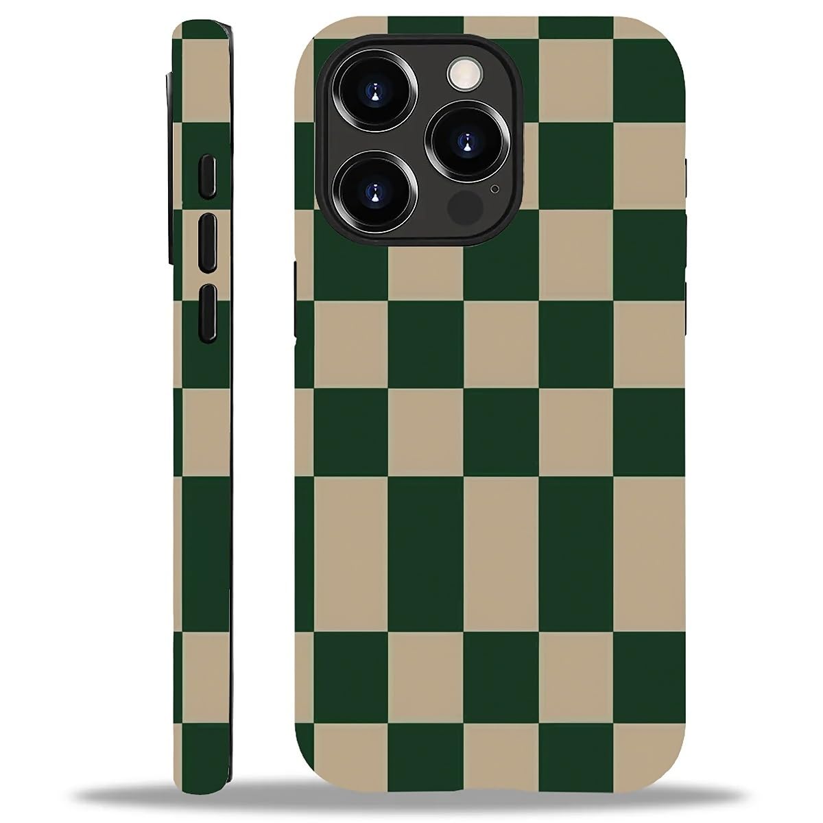 WANKBLC Compatible with iPhone 15 Pro Max Matte Case, Dark Green Beige Checkerboard Pattern for Girl Full Body Design Soft Silic
