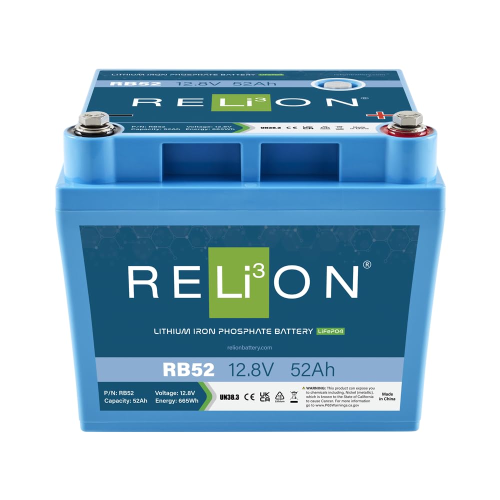 Relion Rb52 | 12V 52Ah Lifepo4 Lithium-Ion Battery | 3500~5000 Cycles | Built-In Bms | Waterproof (Ip67 Rating)| 10 Year Warrant