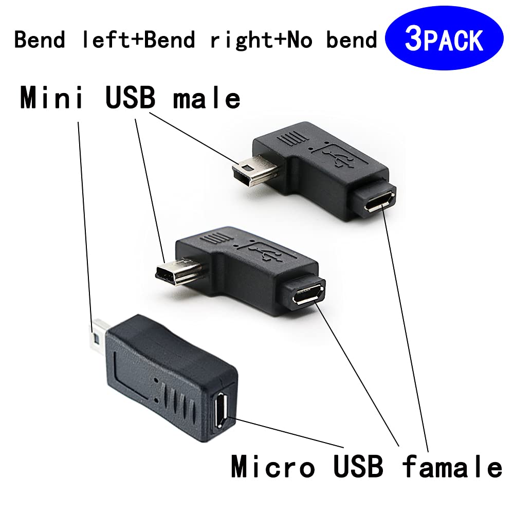 Rgzhihuifz Mini Usb To Micro Usb Adapter, Usb 2.0 Adapter Plug, 90 Degree Left And Right Angle Mini Usb Male To Micro Usb Female Connector Adapter 3 Pack