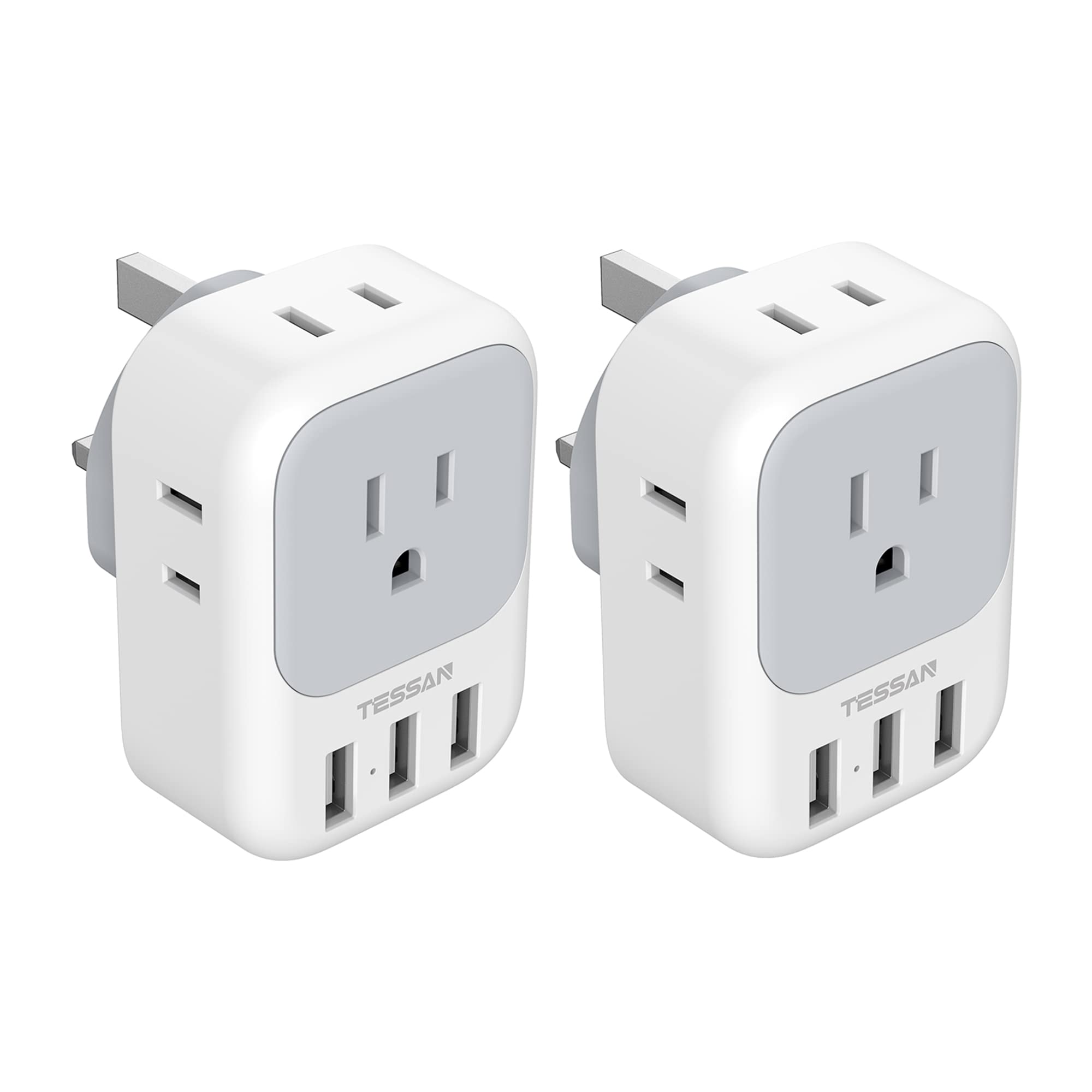 2 Pack Us To Uk Plug Adapter, Tessan Ireland Scotland Type G Power Adaptor, 4 American Outlets 3 Usb, Travel Converter For Usa T