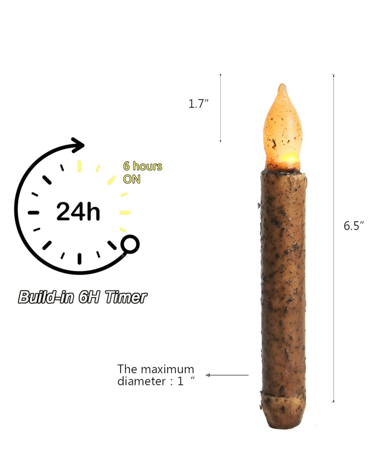 Oneihomm 12 Pcs Primitive Candles Timer, Amber Yellow Flickering Lights, Hand Dipped Real Wax Rustic Taper Candle Battery Operat