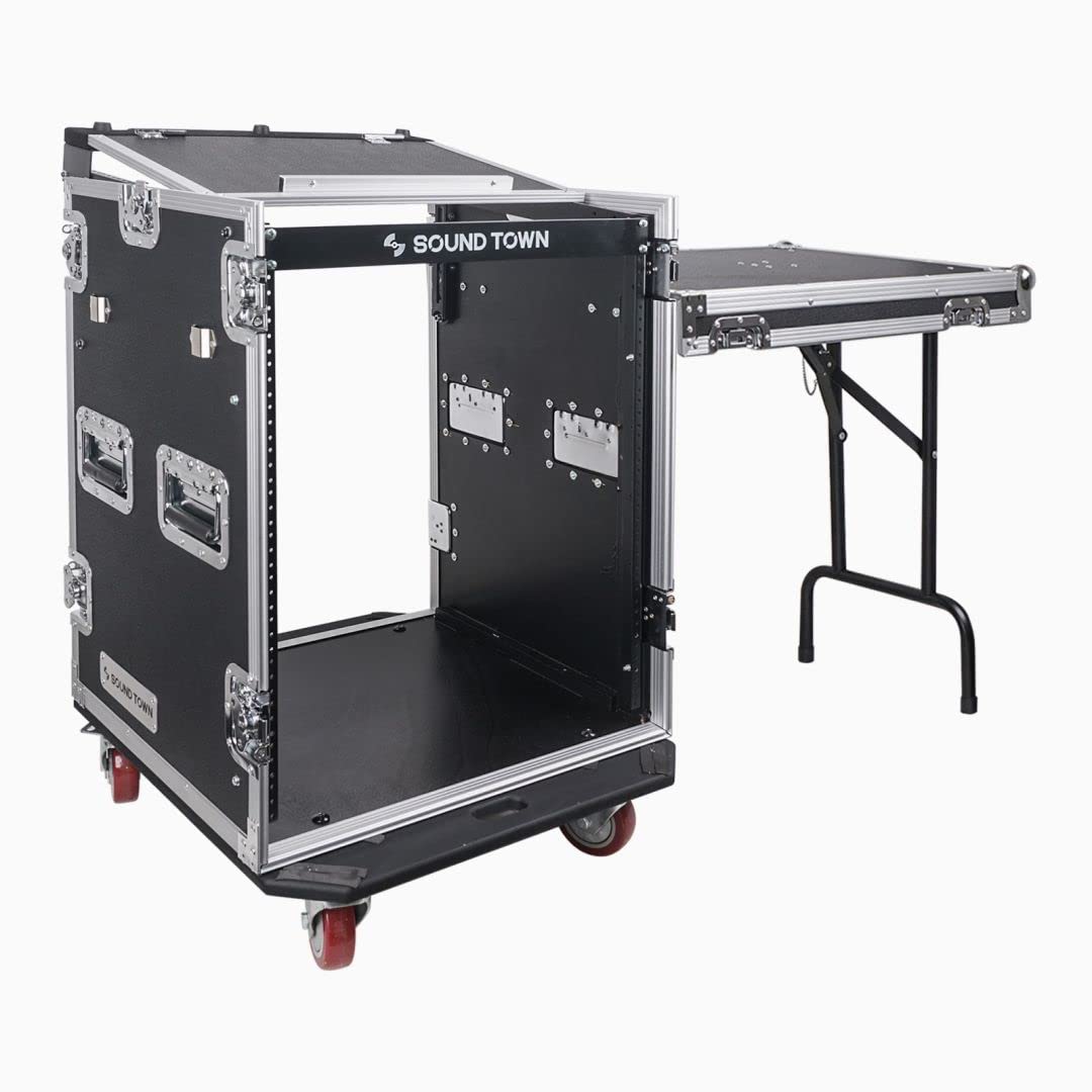 Sound Town 14U PA DJ Rack/Road ATA Case with 11U Slant Mixer Top, 20 Rackable Depth, DJ Work Table and Casters, 14 Space Size, P