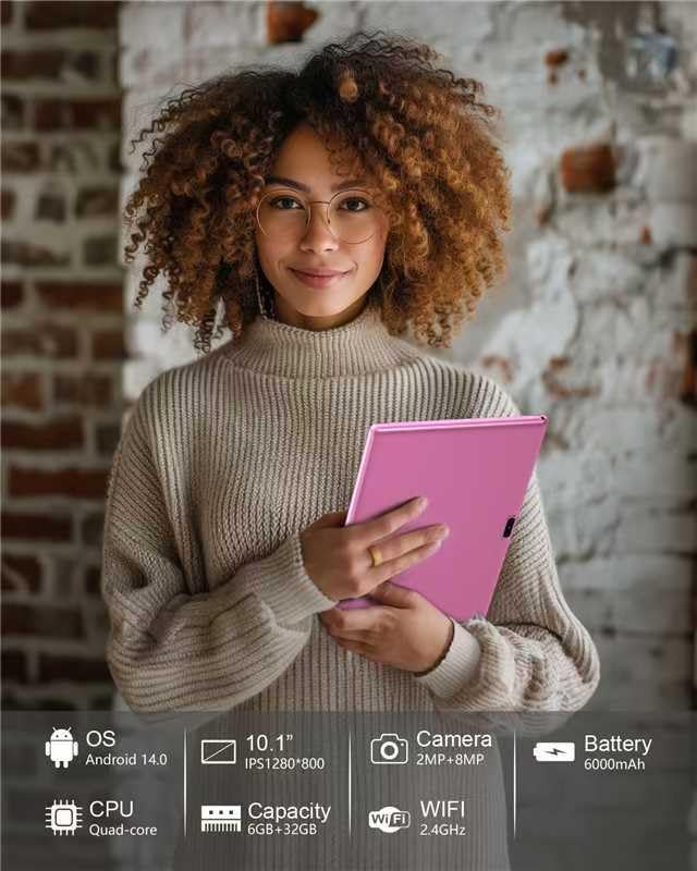 10 Inch Tablet Android 14 Tablet Pc, 10.1  Android Tablets Ddr4 6Gb Ram(4Gb Expand) 32Gb Rom 2Mp+8Mp Dual Camera Wifi-6 Bt Suppo