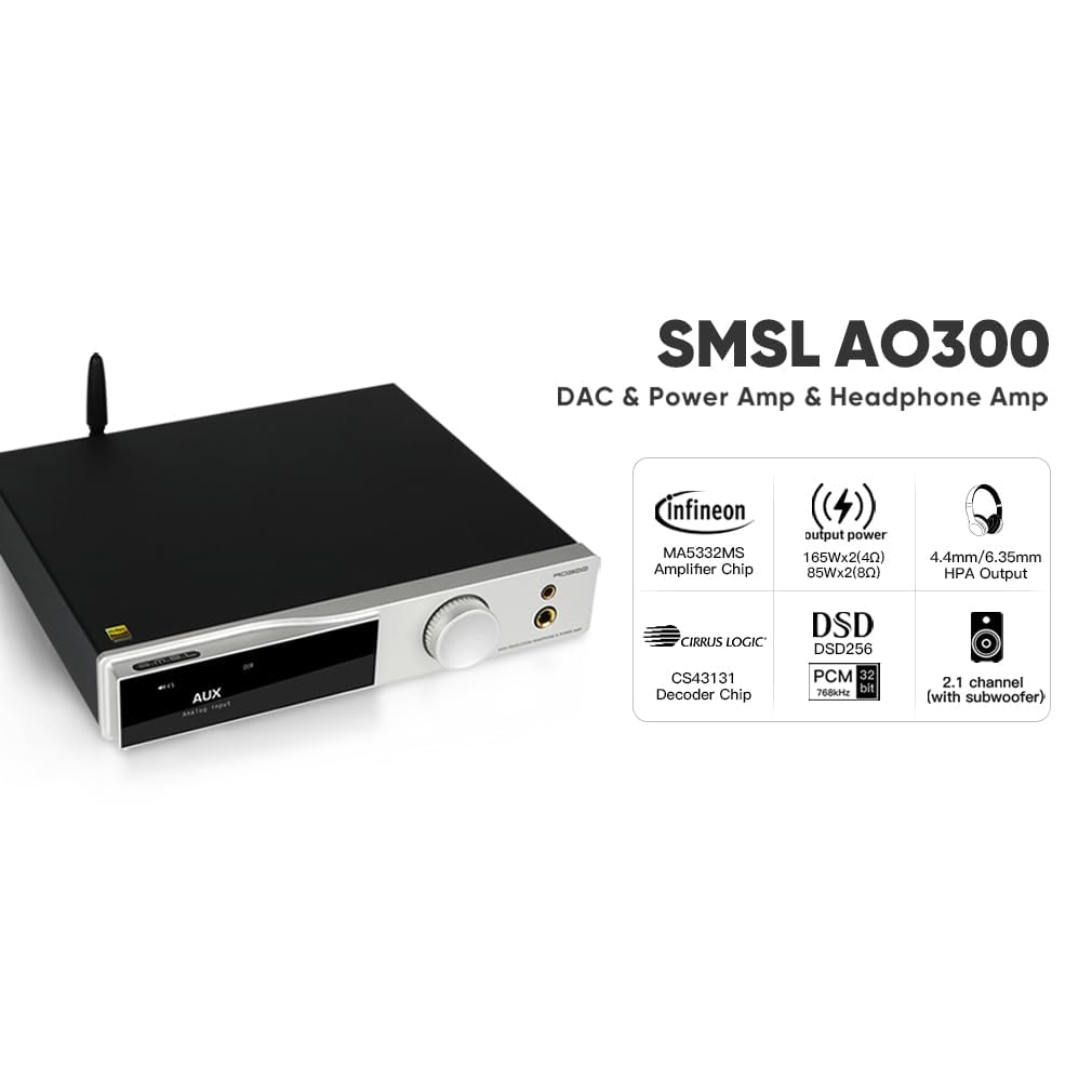 Smsl Ao300 Ma5332Ms Class D Power Amplifier Cs43131 165W X 165W Dac Headphone Amp, Usb/Coax/Opt/Hdmi Arc/Rca Input 2.1 Channel S