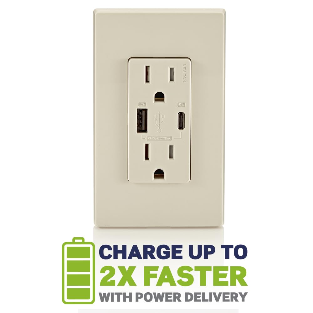 Leviton T5634-T 60W (20V@2.5A+ 5V@2A) Usb Dual Type A/Type-C Power Delivery In-Wall Charger With 15A Tamper-Resistant Outlet, Us