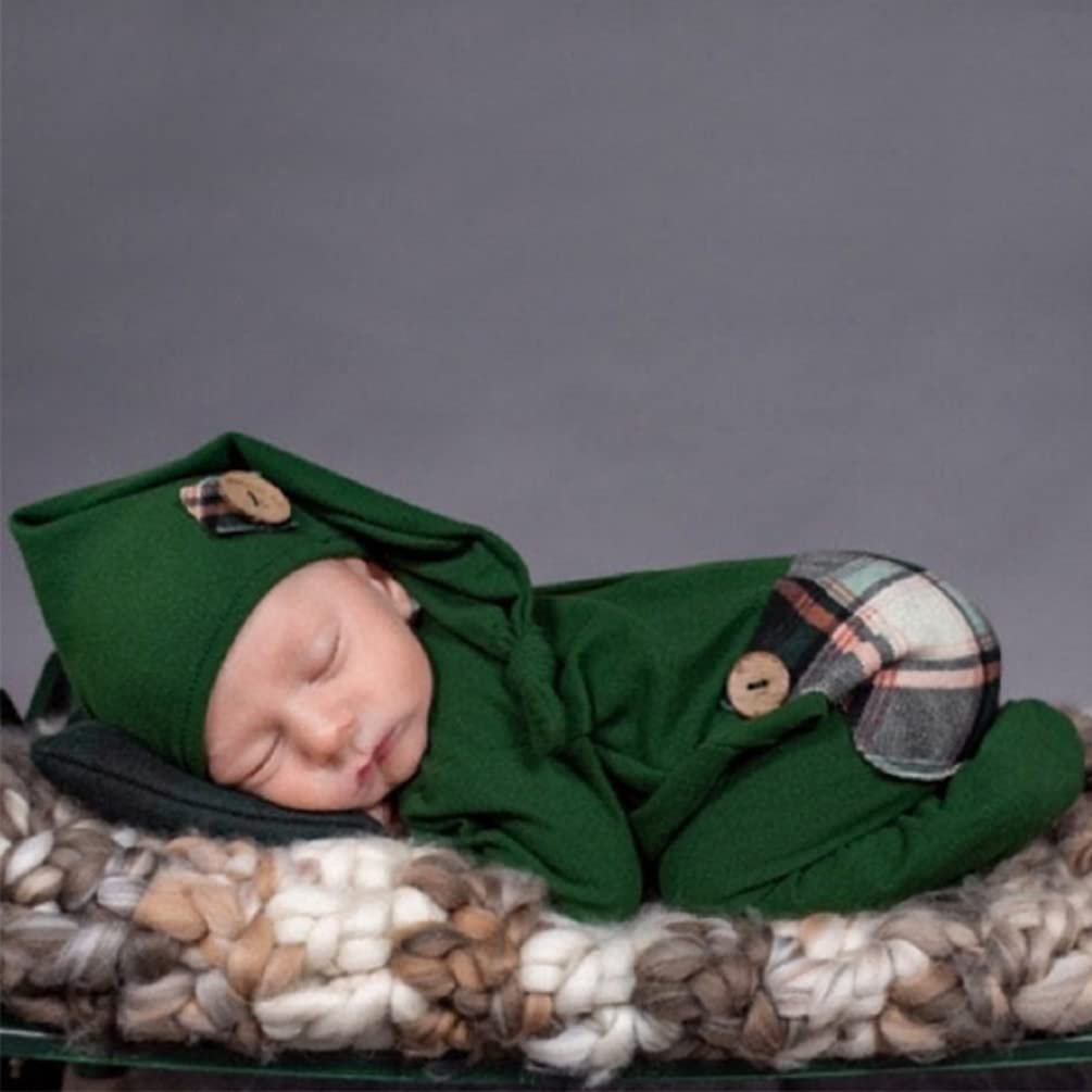 Christmas Newborn Baby Photo Shoot Props Outfits Crochet Clothes Santa Claus Red Hat Pants Photography Props (Green A)