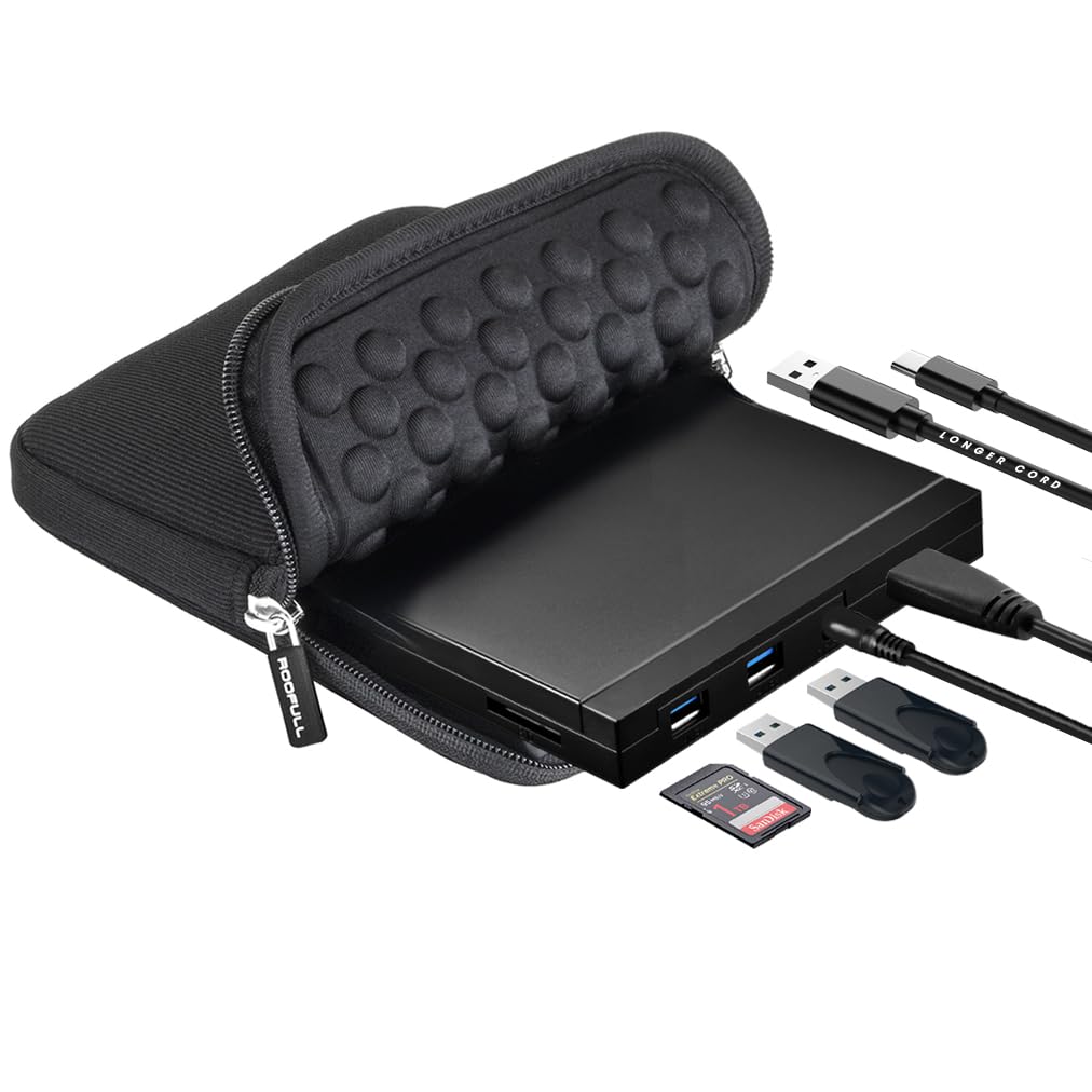 Roofull External Cd Dvd Drive Usb 3.0 & Usb C With Sd Card Reader & Usb Ports Hub & Carrying Case, Portable Cd/Dvd +/ Rw Disc Pl