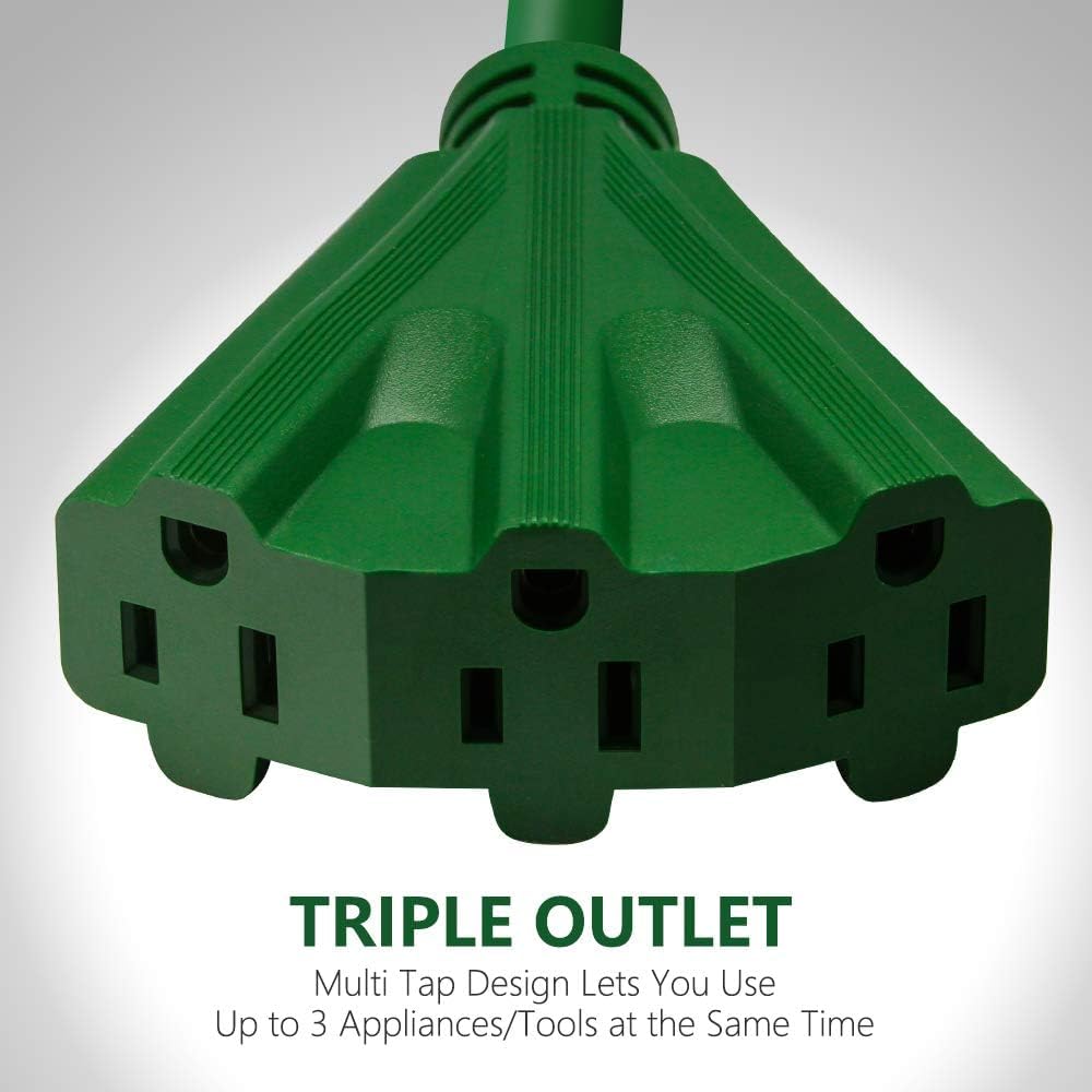 50Ft Outdoor Extension Cord, 16/3 Sjtw Tri Tap Power Cable, Weatherproof, Heavy Duty Extension Cord For Holiday Decoration And L