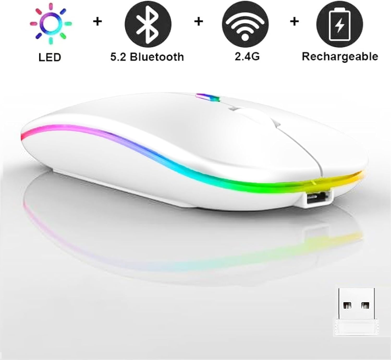 Guiheng Wireless Bluetooth Mouse,Led Dual Mode Rechargeable Silent Slim Laptop Mouse,Portable(Bt5.2+Usb Receiver) Dual Mode Comp