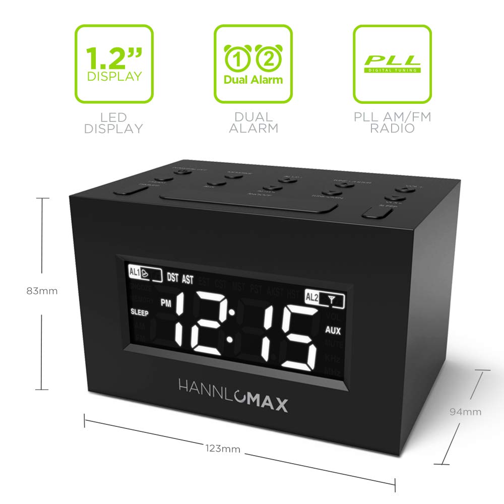 Hannlomax Hx 111Cr Alarm Clock Radio, Pll Am/Fm Radio, Dual Alarm, White Led Display, Auto Dst, Aux In Jack. (Black)