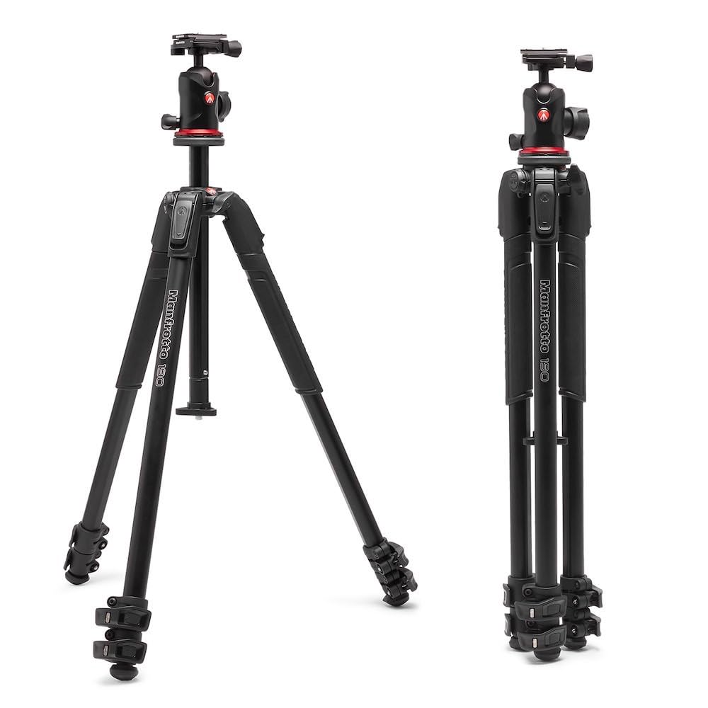 Manfrotto 190X AS, 3-Section Aluminum Camera Tripod, Photo-Kit with Ball Head, Ground Level, Arca-Swiss Plate, Quick Power Lever