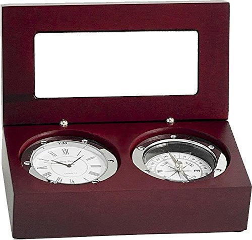 Bey Berk Sq569T Compass And Clock In Mahogany Hinged Box With Chrome Plate And Accents, Brown